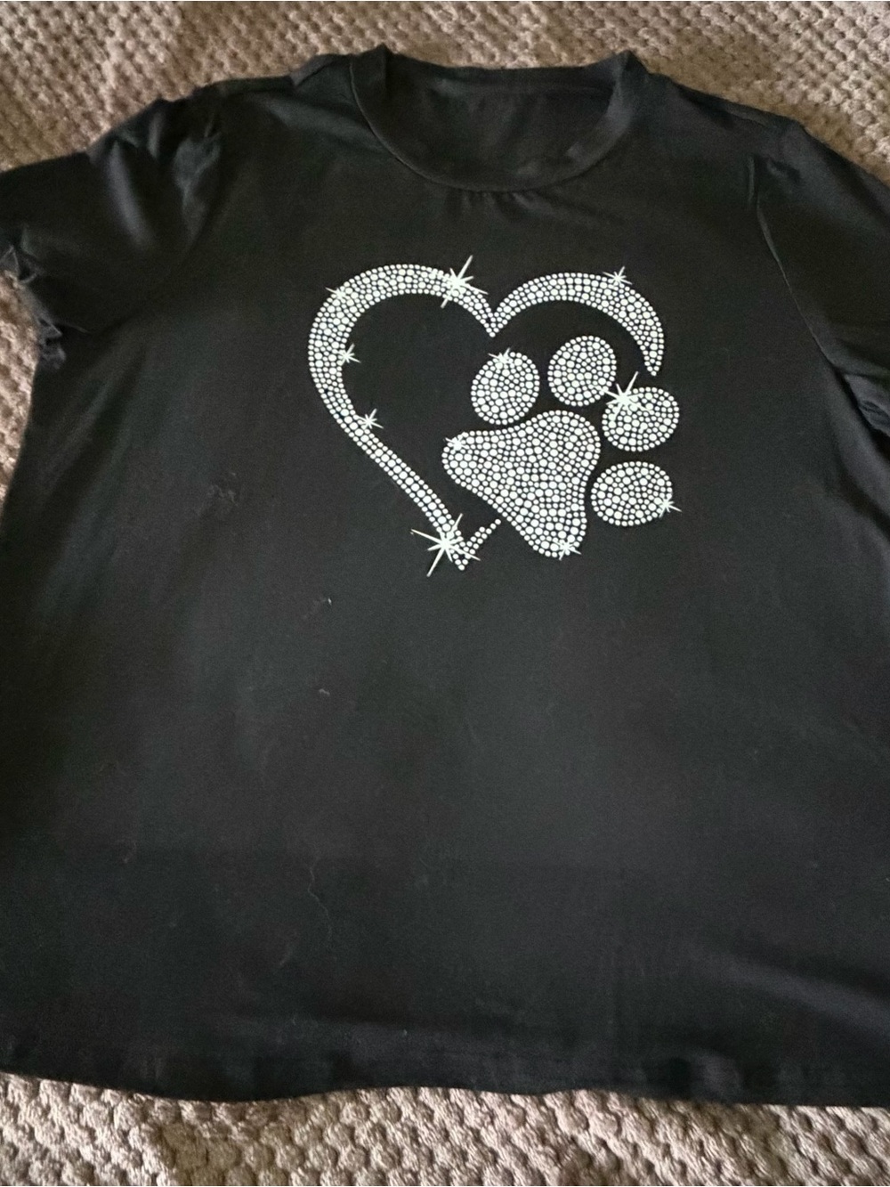 Black Pet Paw Heart Rhinestone Look T-Shirt